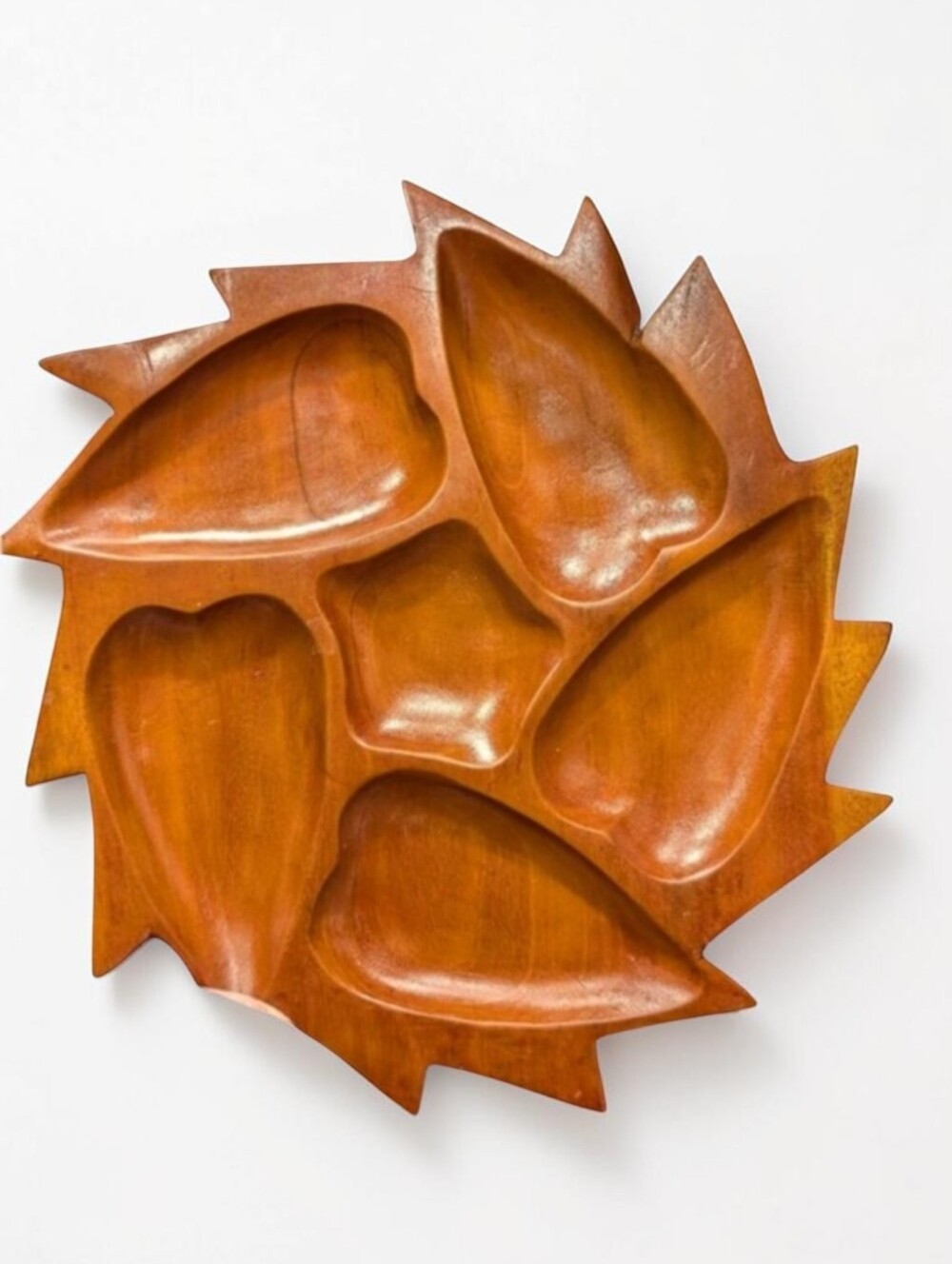 Vintage MCM Monkey Pod Wood Divided Serving Tray Hand-Carved Leaf Snack Platter